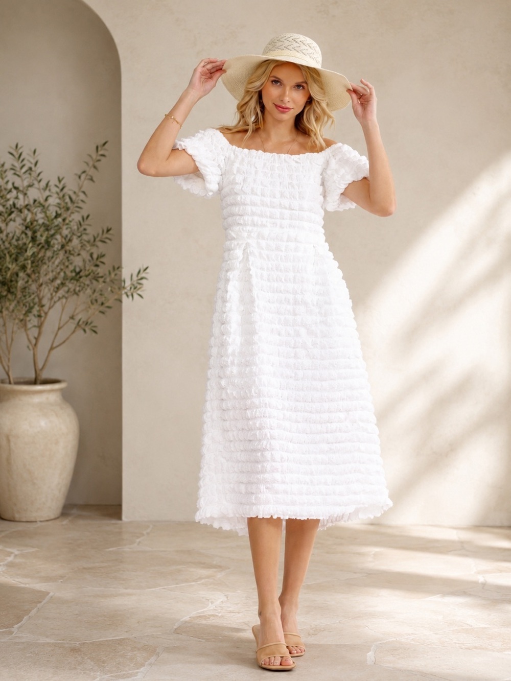 White Textured Off-Shoulder Midi Dress
Available in the 3 different sizes
